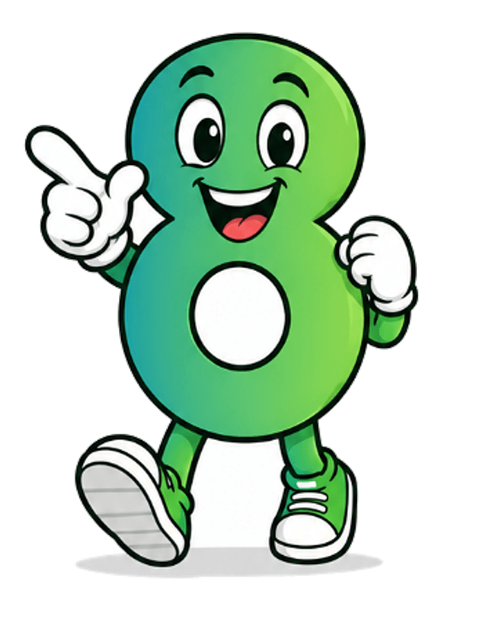 The Day Eight mascot, a smiling green number eight pointing at the headline